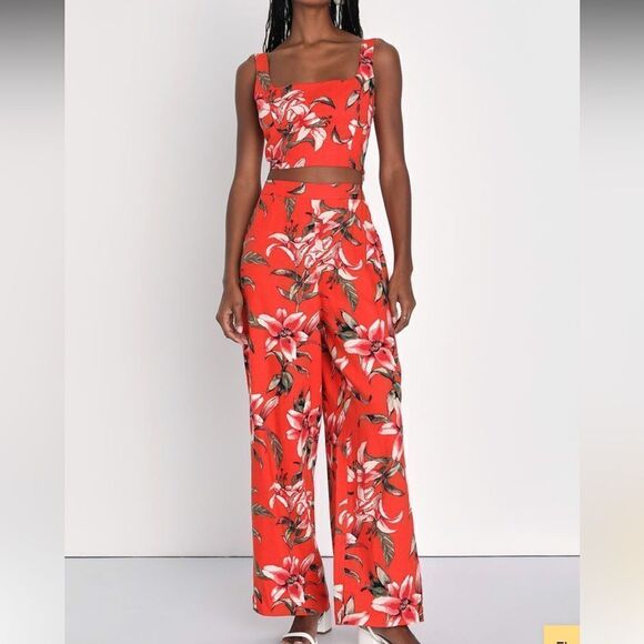 Lulus Sunsets in Paradise Red Tropical Print Two-Piece Jumpsuit M NWT in packag - Picture 1 of 8